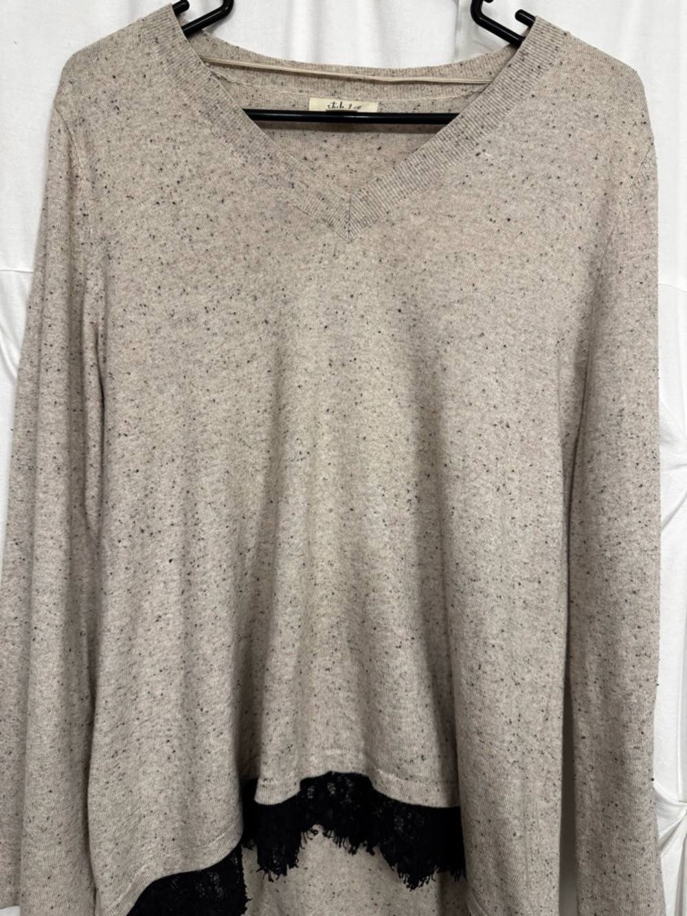Style & Co. Light Taupe V-Neck Sweater with Black Lace Hem Medium